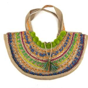 America & Beyond Jute Semi Circle Hand Decor Tote Bag Pom Poms Tassels Bag Large
